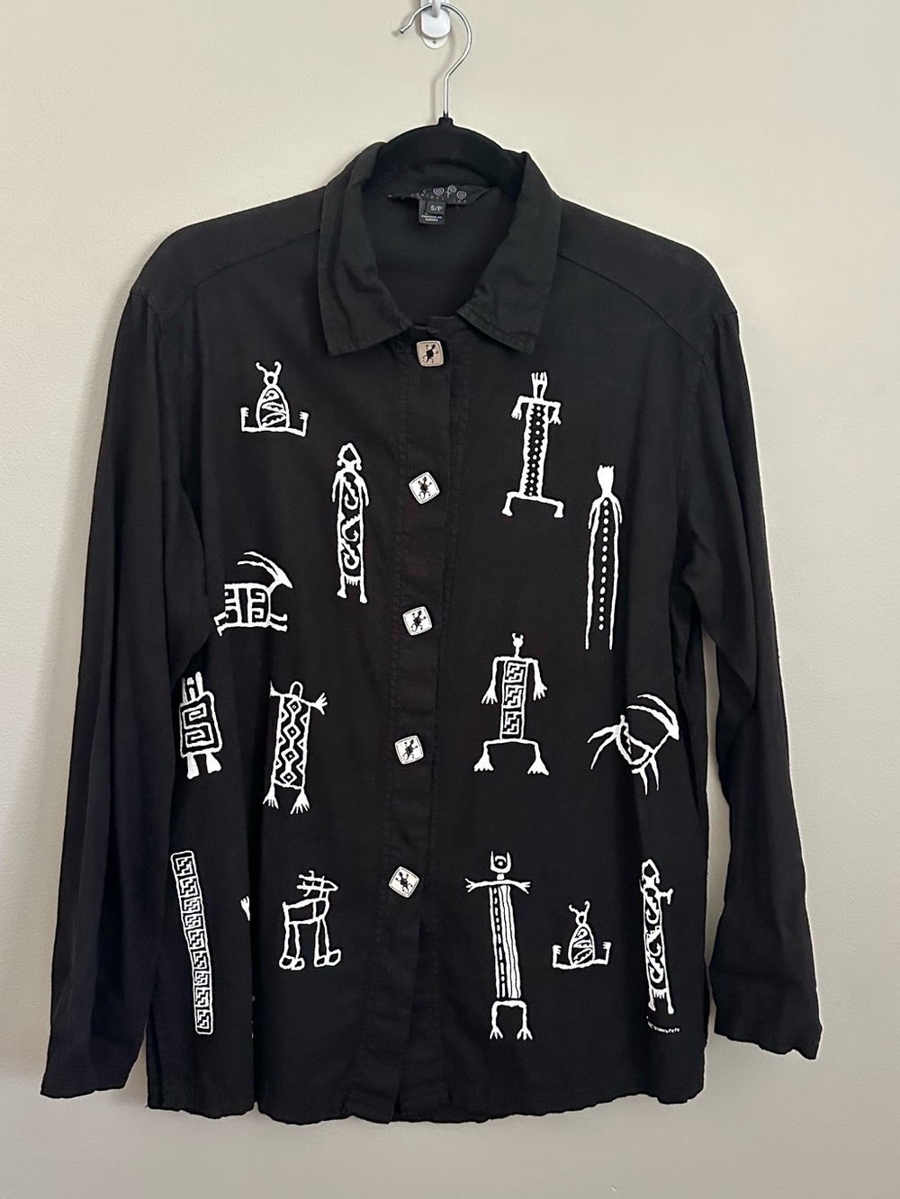 Vintage Y2K Wearable Art Linen Button Up Shirt Black Lagenlook Art to Wear Boho
